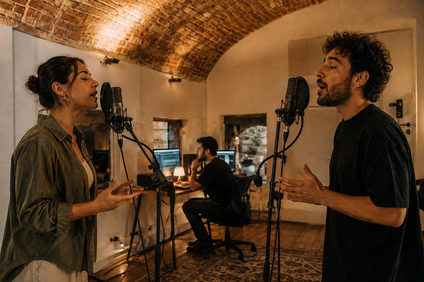 Grabación colectiva de voces con micrófonos en un estudio.
