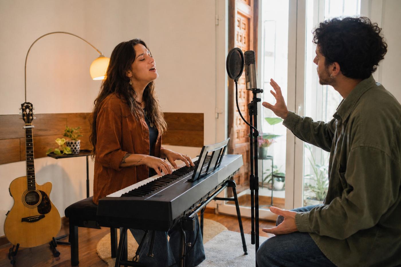 Coaching vocal junto a un piano en una sala de trabajo.