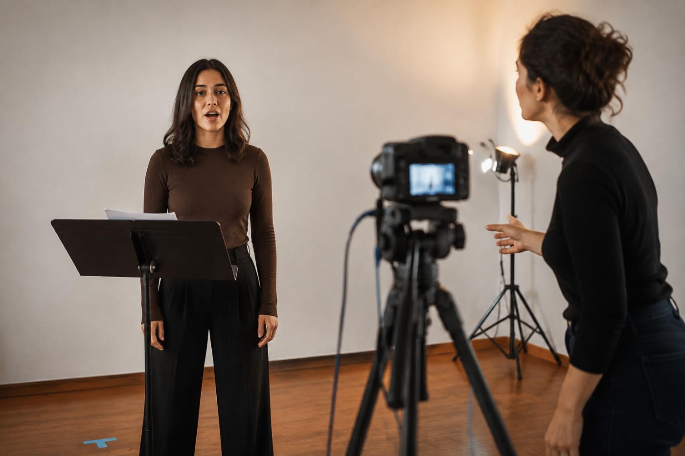 Grabación de un corte de audición con cámara, atril y luz de estudio.