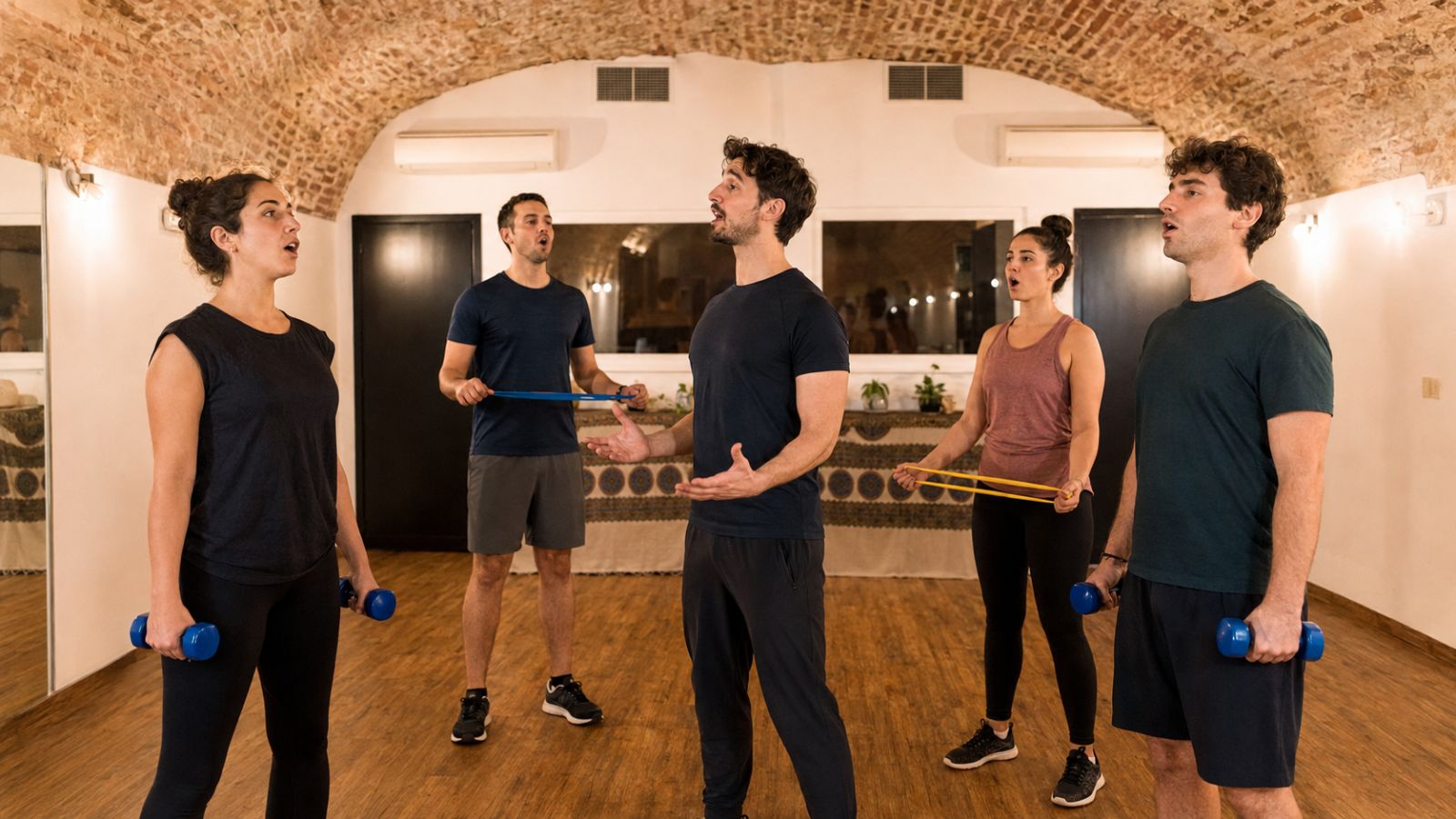 Grupo entrenando de pie con bandas elásticas y pesas mientras canta en una sala con techo abovedado.