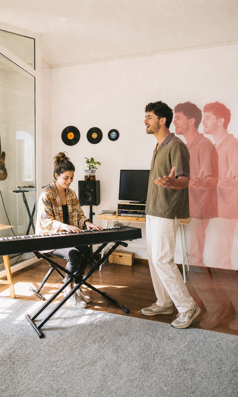 Una coach acompaña al piano a un cantante joven; el registro fotográfico del cantante se repite desplazado en rojo, como extensión de la energía de su voz.