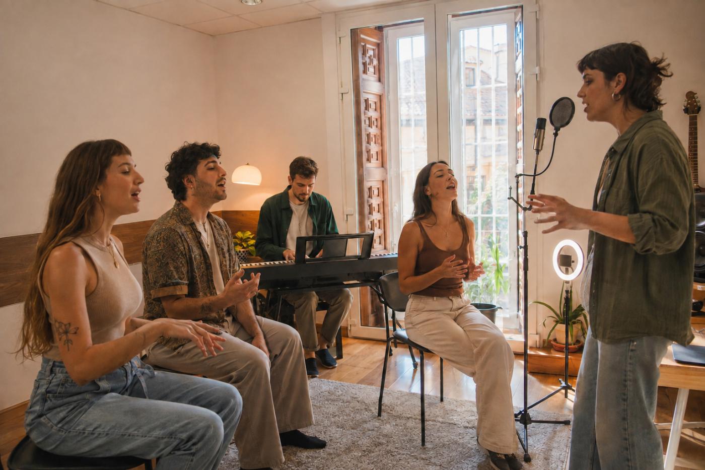 Grupo de cinco personas cantando junto a un piano durante una sesión de itinerario.